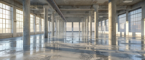 Open space large garage and factory building concrete interior view