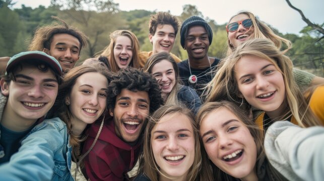 Big group of friends taking selfie picture smiling at camera - Laughing young people celebrating standing outside and having fun - Portrait photography of teens guys and girls enjoying vacation