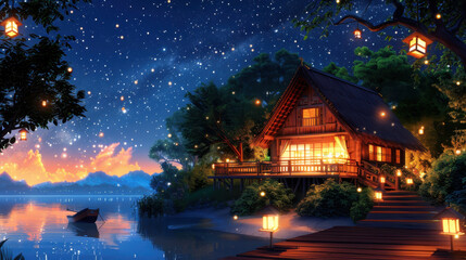 Fototapeta premium Tranquil lakeside cottage illuminated by lanterns under a starry night sky with colorful sunset reflections on the water