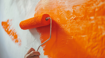 A hand painting a wall with bright orange paint using a roller.