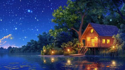 Serene riverside cabin illuminated by warm lights under a starry night sky, surrounded by lush greenery and calm waters