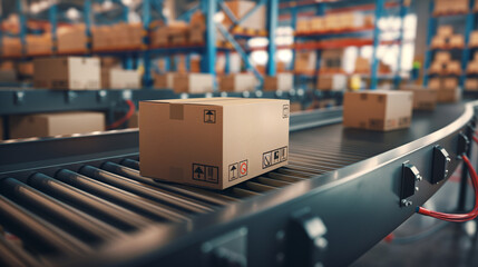 Packages moving on a conveyor belt in a warehouse.