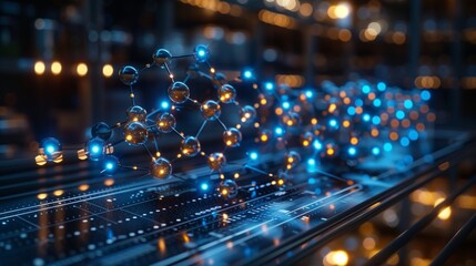 Obraz premium A low angle shot of a molecular structure, lit with blue and yellow lights, moves forward over a dark blue, metallic surface.