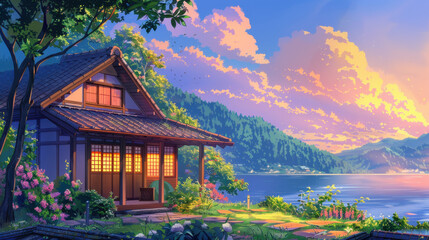 Fototapeta premium Serene lakeside scene featuring a traditional Japanese house surrounded by vibrant flowers and a colorful sunset sky