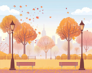 Autumn park landscape. Yellow trees with cute benches and lights with a city far away. Seasonal illustration