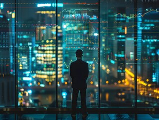 Solitary Businessman Analyzing Market Trends on Digital Screen in Futuristic City Skyline