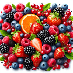 Fototapeta premium Vibrant collection of ripe fruits, with strawberries, blackberries, raspberries, cherries, oranges and blueberries isolated on white background