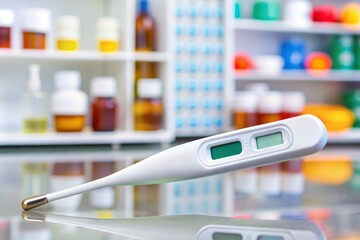 Pharmacy's digital thermometer and medication
