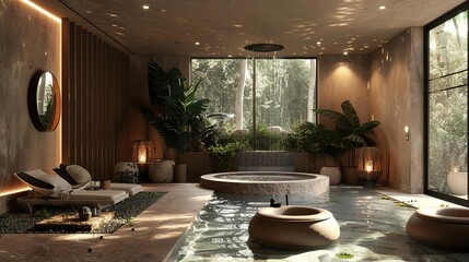 Fototapeta premium Luxurious Indoor Spa Retreat: Tropical Plants, Natural Light, and Tranquil Water Features
