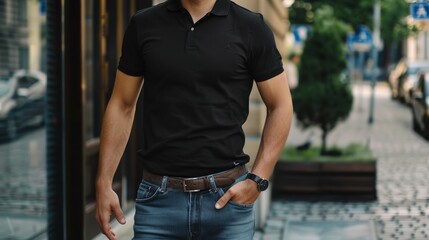 Black polo shirt with men's casual business wear full body