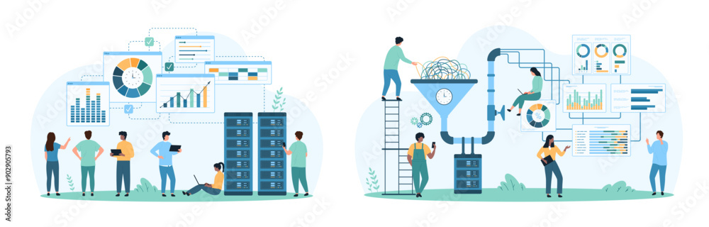 Wall mural big data research and conversion process set. tiny people work on digital information with support o