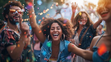 Fototapeta premium Diverse group of friends enjoying a music festival, with. the energy and vitality of live concert fun, millennials, generation z, Generative AI