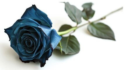 one single blue rose flower on white background