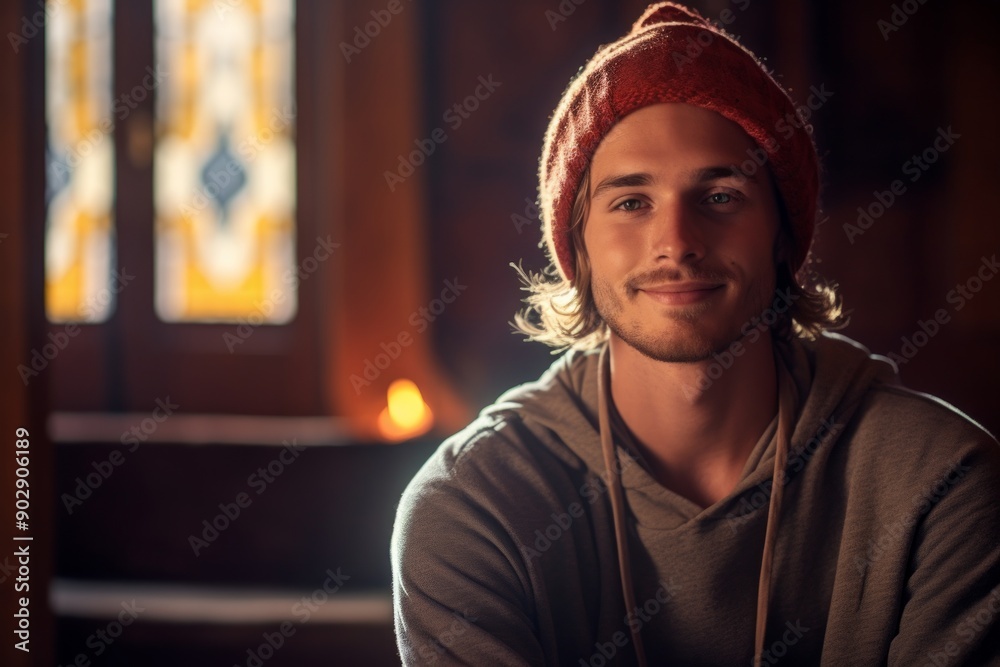 Sticker Portrait of a blissful man in his 20s donning a warm wool beanie in serene meditation room