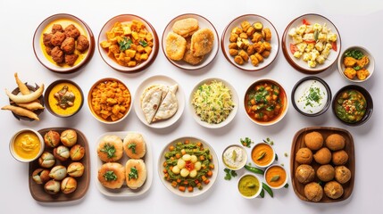 Aerial shot of various Indian foods like curry, samosa, rolls, pani puri, and pakora arranged on a white backdrop. Perfect for a Ramadan Iftar spread.