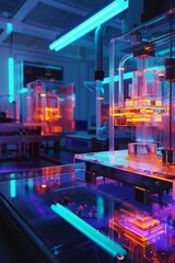 Obraz premium Futuristic 3D Printing Lab with Transparent Printers and Glowing Models Showcasing Additive Manufacturing Innovation.