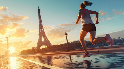 Female athlete running marathon in Paris with Eiffel Tower in background