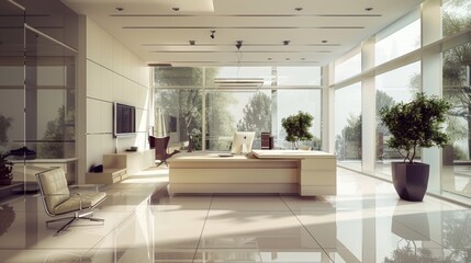 Fototapeta premium Modern office interior with large windows and a view of nature.