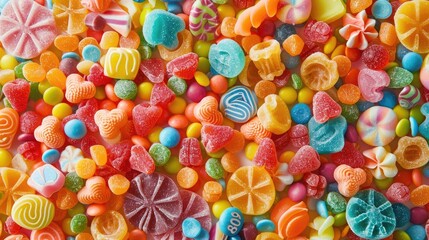 Aerial view of a mix of colorful candies, ideal for illustrating sweet treats and sugary backgrounds. Great for dessert visuals.