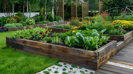 Obraz premium Landscape design in home garden beautiful landscaping in backyard with raised bed