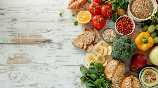 Aerial view of a selection of healthy foods on a white wooden table. Featuring fruits, vegetables, and whole grains. Great for health and nutrition themes.