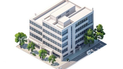 Modern Urban Office Building Surrounded by Trees in a Busy City District