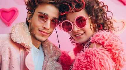Gen Z fashion couple with trendy pink sunglasses, heart in the background, love and Valentine's day concept, fun pastel colors, hd