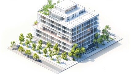 Modern Architectural Design of a Multi-Story Building Surrounded by Trees in a Urban Setting
