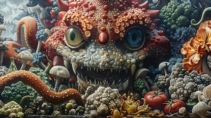 A Surreal Still Life with a Grotesque Creature Emerging from a Field of Vegetables and Mushrooms.