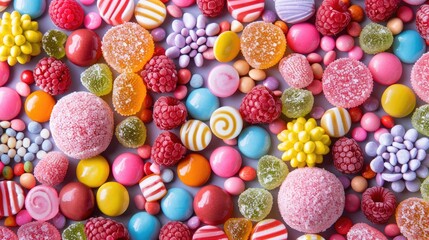 Fototapeta premium Bright and colorful assortment of candies from above, creating a fun, sugary background. Perfect for dessert and candy themes.