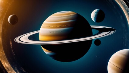 a high-quality captivating wallpaper featuring a planet with prominent rings and multiple moons.