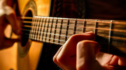 Close-up of hands playing an acoustic guitar.