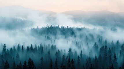 A tranquil misty forest at sunrise, where fog envelops the evergreen trees, creating a serene and magical landscape of rolling hills and soft light.
