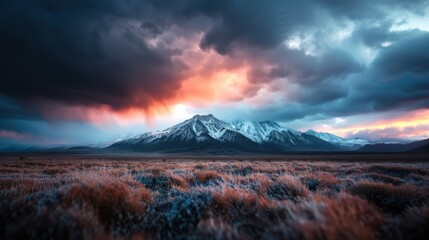 Fototapeta premium A dramatic display of storm clouds gathering over snow-topped mountains during a vibrant sunset, creating a stunning contrast between the warm hues of the sky and the dark clouds.