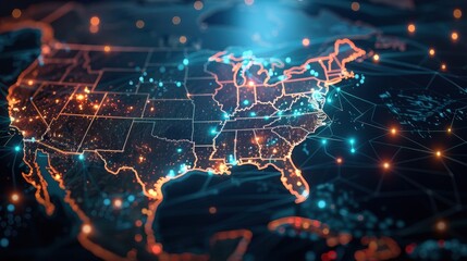 Obraz premium A map of the United States is shown in a purple and blue color scheme. The map is filled with dots, which represent the cities and towns in the country. The colors and the dots create a sense of depth