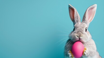 Fototapeta premium A high-quality image of a decorated Easter bunny on the right side, with ample blank space on the left for text. Ideal for Easter cards and festive promotions. AI generated image.