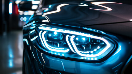 Close-up of a futuristic car headlight design.