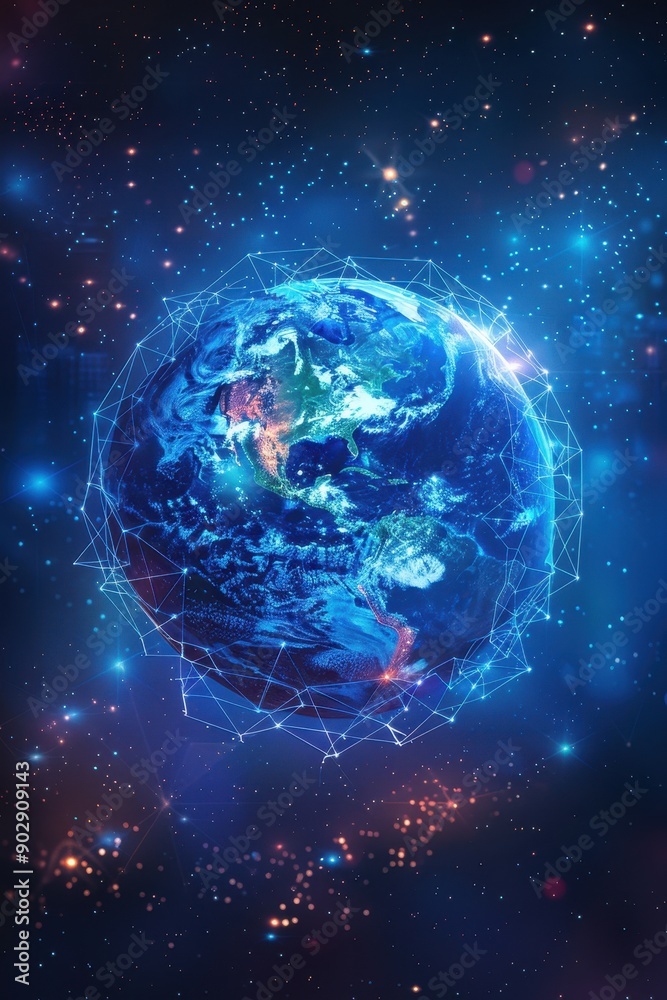 Sticker a blue planet with a network of lines surrounding it. the planet is surrounded by a starry sky