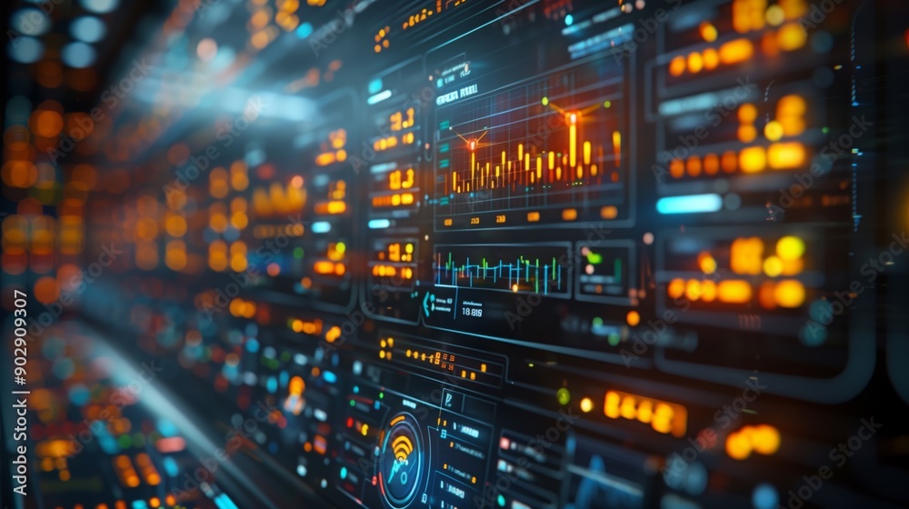 Poster close-up of digital display showing data visualizations and graphs, showcasing modern technology's c