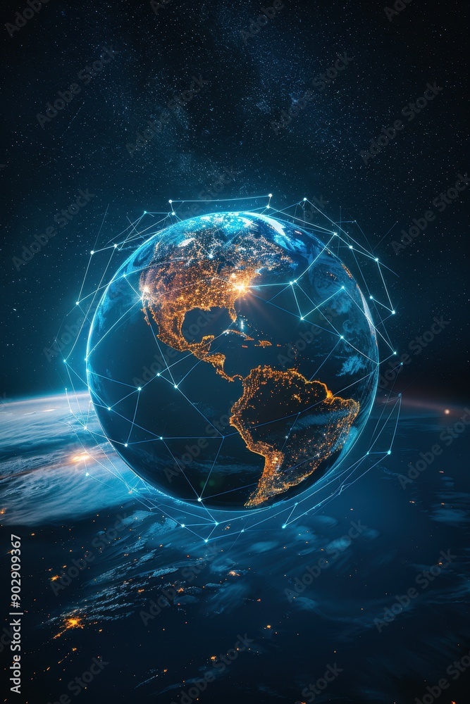 Sticker a blue planet with a network of lines surrounding it. the planet is surrounded by a starry sky