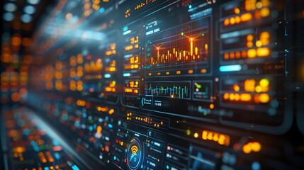 Close-up of digital display showing data visualizations and graphs, showcasing modern technology's complexity and sophistication