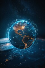 Obraz premium A blue planet with a network of lines surrounding it. The planet is surrounded by a starry sky