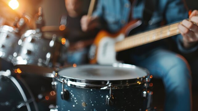 An image of a dynamic jam session featuring musicians energetically playing the drums and guitar, surrounded by instruments, capturing the passion, creativity, and exuberance of live music.
