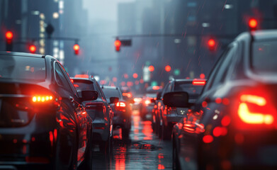 Heavy city traffic in the rain during evening rush hour.