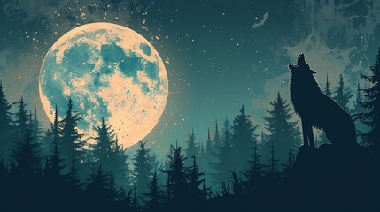 Silhouetted Wolf Howling at the Moon in a Forest.