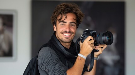 Happy photographer with his camera,Confident and happy smiling man.