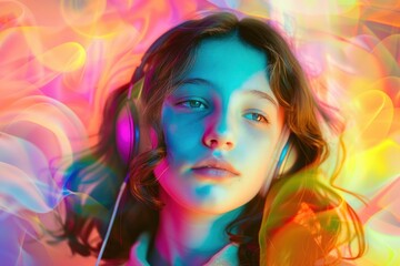 Fototapeta premium girl with headphones in a colorful effect background