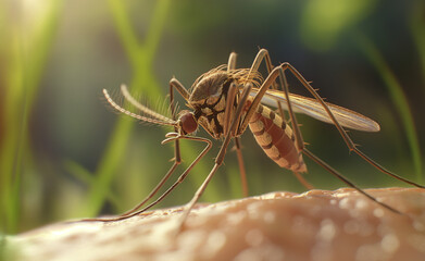 Close-up of a mosquito on human skin.
