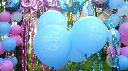 Blue balloons with the words "It's boys" in front of decorations for a gender reveal party in the park