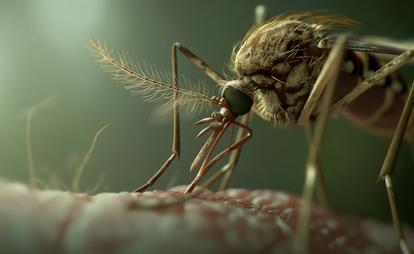 Close-up of a mosquito on human skin.